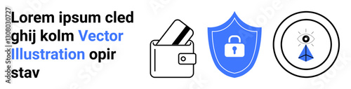 Wallet with cards, shield with lock, eye symbol on pyramid. Ideal for cybersecurity, online transactions, data protection, privacy, secure communications, financial technology website security