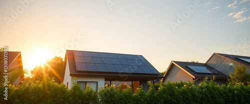 Sunrise illuminates modern home with gleaming solar panels, peaceful neighborhood awakening, roof, photovoltaic
