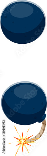 Semicolon symbol as two cartoon round bombs with lit fuses, Showcasing explosive danger, risk and caution. Cowboy font, wild west typeface, western type, sheriff English alphabet punctuation sign