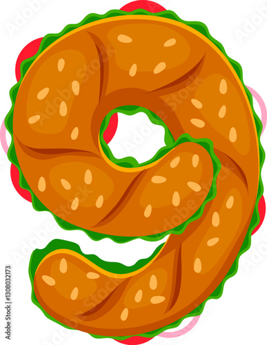 Fast food sandwich meal cartoon alphabet font digit 9 nine. Fastfood appetizer cartoon alphabet font digit, takeaway vector math font number. Fast food menu meal alphabet typeset numeral symbol