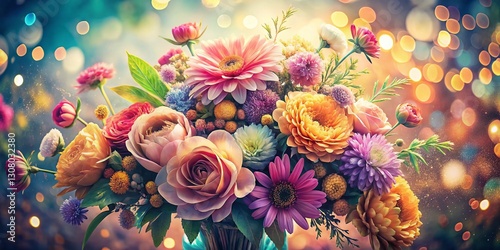 Boho Floral Manga Illustration with Soft Bokeh Background - Stock Photo