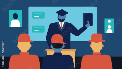 Training Session A detective in front of a classroom training recruits on how to use facial recognition software with a projector showing example images of suspects.