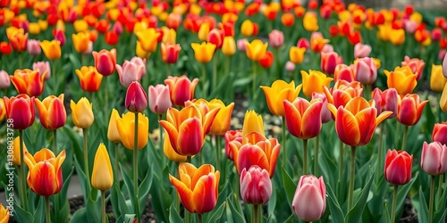 Vibrant tulips in full bloom, showcasing a colorful spring landscape within a tranquil botanical garden, blooming, flora