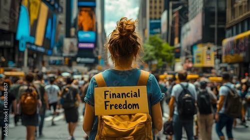 A woman in Times Square holds a sign that reads 