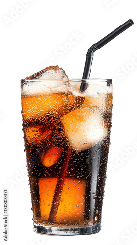 glass of soda pop cola with ice, isolated, transparent, png, background, cutout
