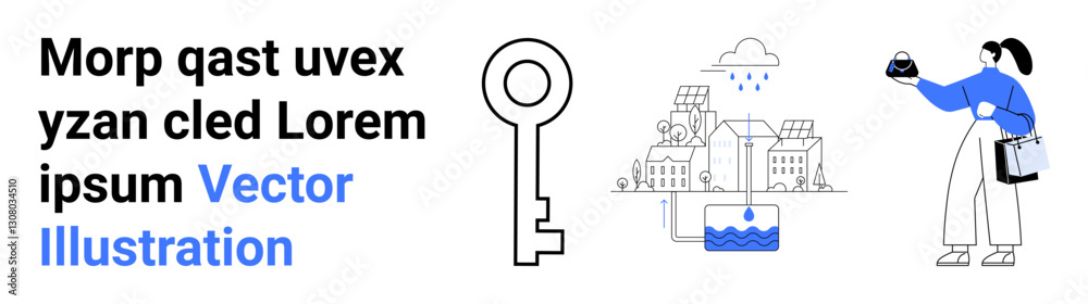 Fototapeta premium Large key symbol, rainwater harvesting system with houses, and a person holding a plant pot. Ideal for sustainability, eco-living, real estate, conservation, water management, housing flat landing