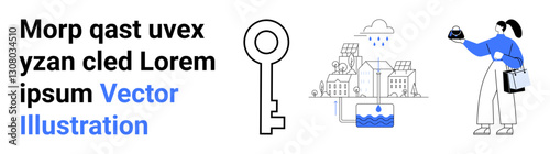 Large key symbol, rainwater harvesting system with houses, and a person holding a plant pot. Ideal for sustainability, eco-living, real estate, conservation, water management, housing flat landing