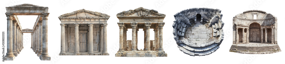 Historic Ancient Temple Structures in Various Architectural Styles, isolated on transparent background
