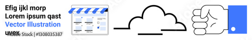 Webpage screenshot next to a cloud icon and a hand with a blue cuff. Ideal for web services, cloud storage, online transactions, digital marketing, cybersecurity, connectivity, technology. Landing