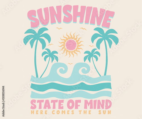 Here come the sun. Summer vibes artwork. Sunshine paradise graphic print design. Enjoy beach life. Surf club design. Beach modern abstract art. Ocean abstract wave. 