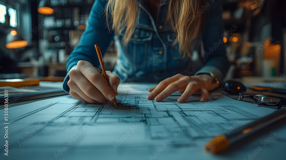 custom made wallpaper toronto digitalClose-up of a female architect meticulously drawing a detailed blueprint. Money concept theme background. Architect Woman Designing Blueprint