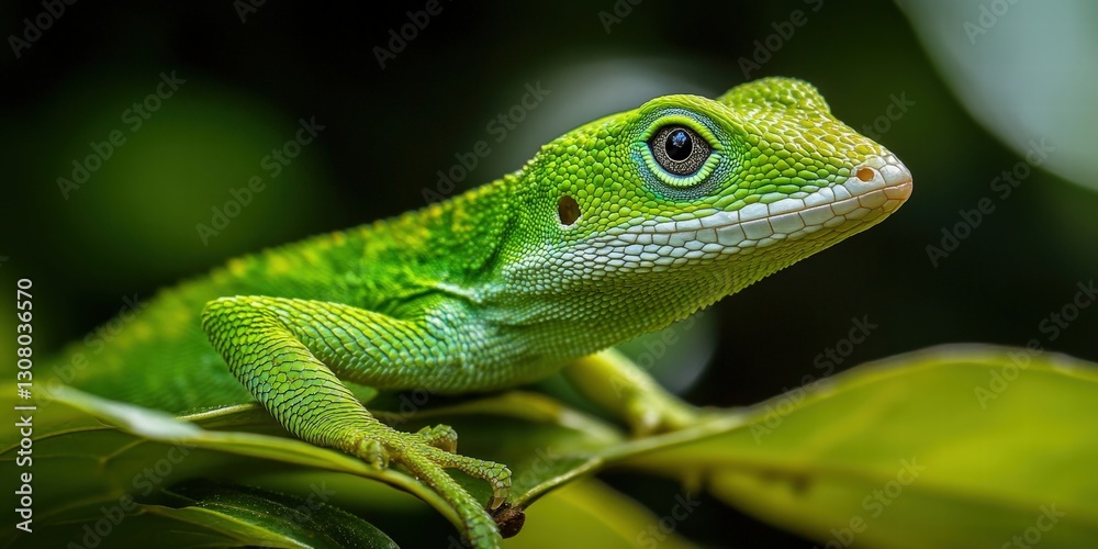 Lizard camouflaged on a leaf surrounded by vibrant green foliage in its natural habitat environment Lizard camouflaged on a leaf surrounded by vibrant green foliage in its natural habitat environment