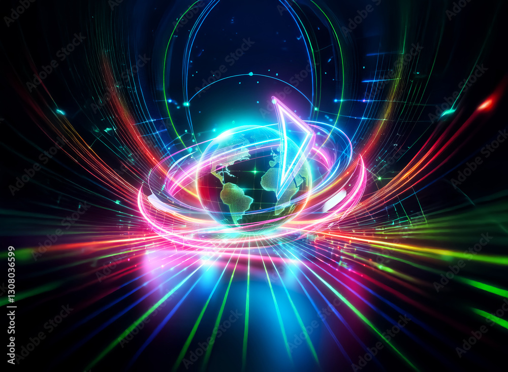 Obraz premium A double exposure image of a globe surrounded by vibrant, circular light trails creating motion. Futuristic and abstract scene with a dark background.