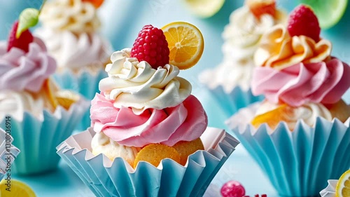 Colorful cupcakes with whipped cream and fruit toppings arranged on a bright blue table