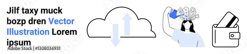 Cloud with data arrows, woman watering flower brain, and digital wallet icons. Ideal for technology, cloud storage, creative thinking, finance, digital transformation innovation business. Landing
