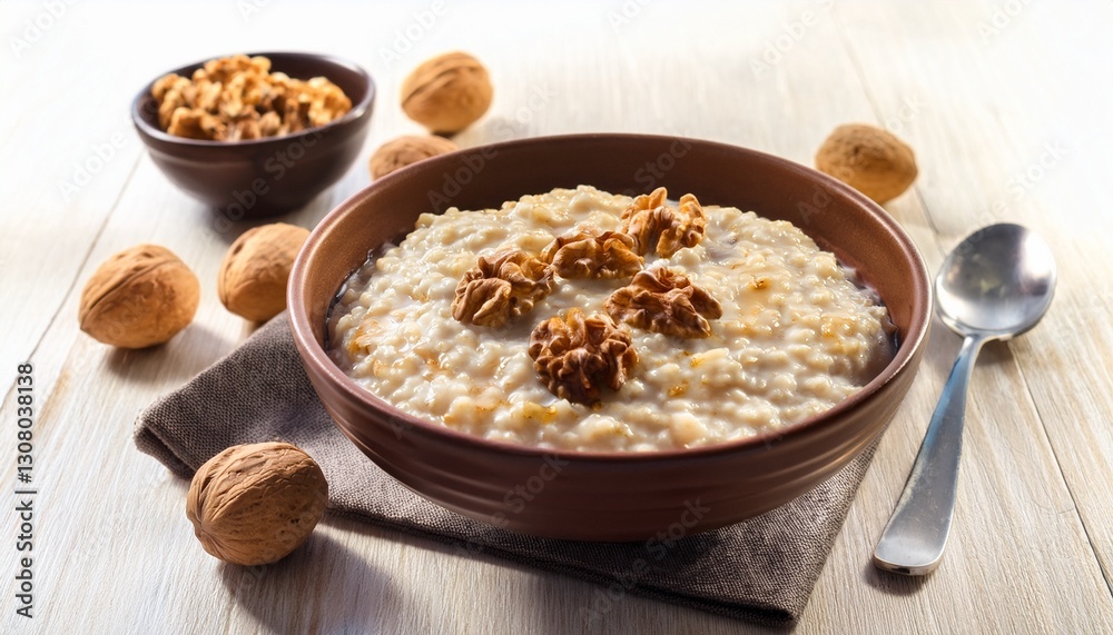 creamy oatmeal porridge topped with walnuts creamy oatmeal porridge topped with walnuts