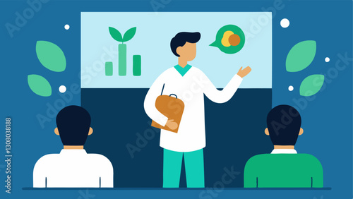 Presentation to Consumers The scientist is presenting a newly developed plantbased food product to an audience with visuals of the product on a projector screen.
