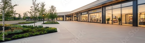 Modern commercial building with large windows, landscaped areas, and a clean paved path in the foreground.