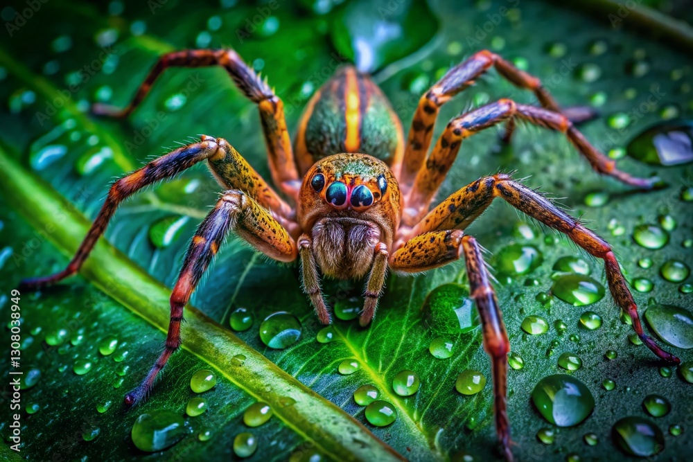 Fototapeta premium Brazilian Wandering Spider Rainforest Closeup Dewy Leaf Night Photography