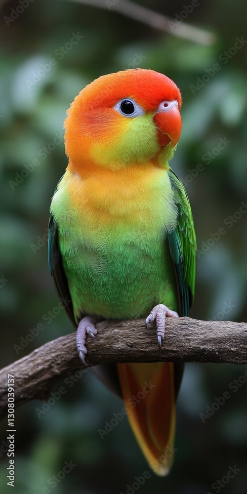 Beautiful parrot perched on a branch with lush green leaves and a radiant blue sky background Beautiful parrot perched on a branch with lush green leaves and a radiant blue sky background