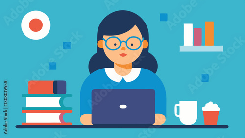 Research and Analysis A virtual assistant with glasses deeply focused on research surrounded by books a notepad and multiple tabs open on the laptop for information gathering.