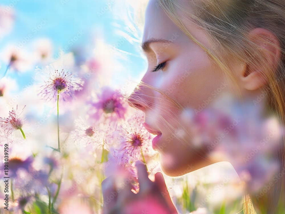 Girl in a beautiful field of colorful flowers enjoying nature and embracing the vibrant scenery Girl in a beautiful field of colorful flowers enjoying nature and embracing the vibrant scenery