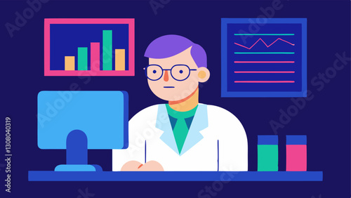 Scientist at Computer A scientist with glasses sitting at a modern computer desk focused on a large screen displaying colorful DNA sequences and graphs.