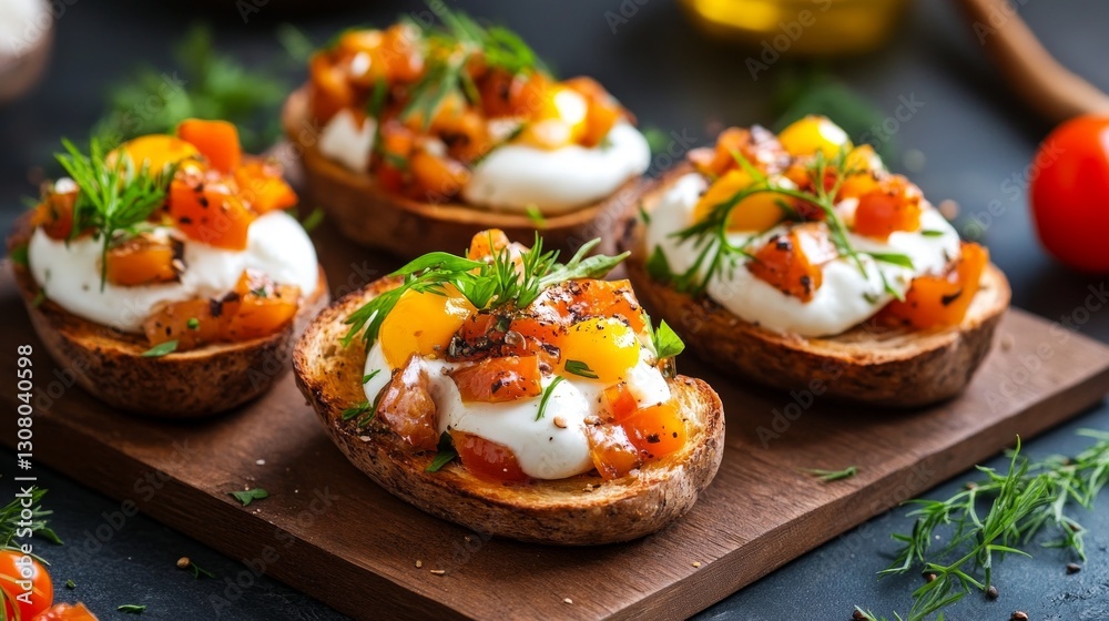 Appetizing bruschetta topped with creamy cheese and roasted tomatoes. Appetizing bruschetta topped with creamy cheese and roasted tomatoes.