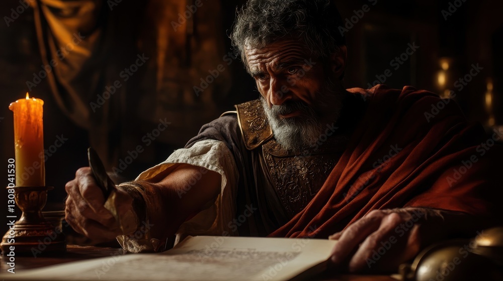 A Man Writing at a Desk Illuminated by a Candle A Man Writing at a Desk Illuminated by a Candle