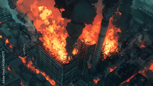 Devastating power plant meltdown leads to towering inferno consuming the industrial complex. Apocalyptic - Cityscape. Illustration
