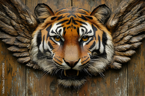 Majestic tiger head with wings mounted on a rustic wooden wall, symbolizing strength and freedom