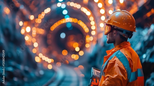 Construction worker in a tunnel, lights blurred in background.