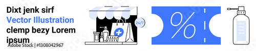 Pharmacy storefront with medical bag, 247 service icon, percentage discount coupon, and hand sanitizer. Ideal for healthcare, e-commerce, discounts, pharmacy, online shopping hygiene abstract line
