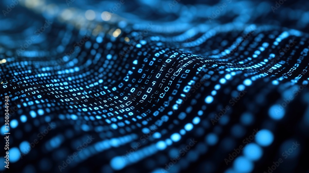 Abstract digital binary code waves on dark background
