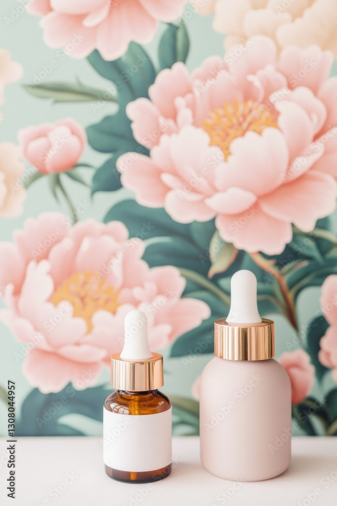 Two skincare bottles sit before a floral backdrop.