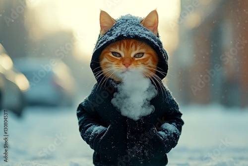 Wallpaper Mural Social marketing - animal care. Sad cute baby cat american bobtail in winter warm clothes, steam coming from nose and mouth in freezing air. Problem of struggling animals. Cold cat shelter. Torontodigital.ca