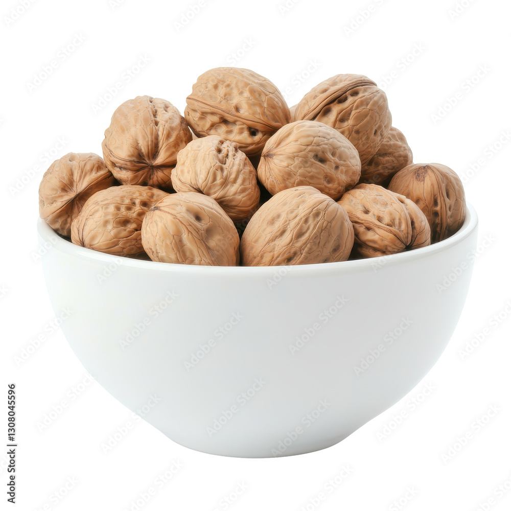 Bowl of walnuts on white background highlighting nutritious snack option Bowl of walnuts on white background highlighting nutritious snack option