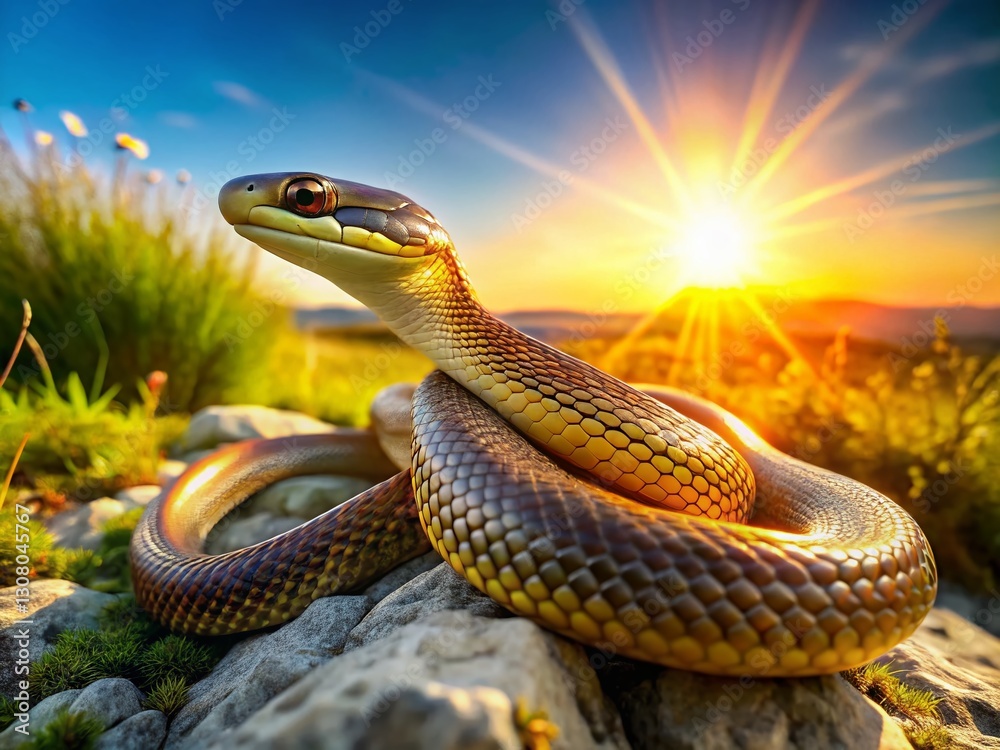 Obraz premium Caspian Whip Snake in Natural Habitat: Sun-Drenched Meadow, Close-Up