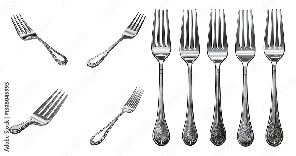 Fototapeta premium Various Silver Forks Displayed in Different Orientations and Sizes, PNG bundle collection, Isolated on Transparent Background