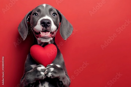 Cute great dane pooch with animal toy red heart - sign of love, funny greeting card. Ad concept artwork. Great dane - my desired dog. Red heart romantic pet ideas. Love and care. Dogs and lov. photo