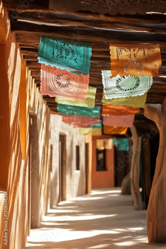Colorful papel picado banners hang in a sun-drenched walkway.