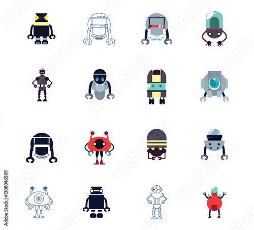 Set of vector icons of robots with white background