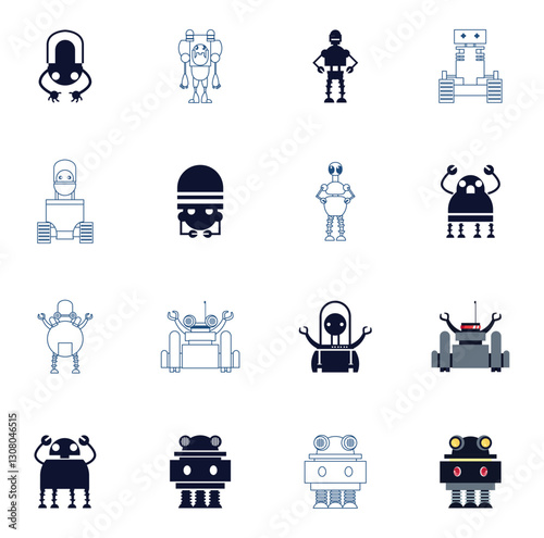 Set of vector icons of robots with white background
