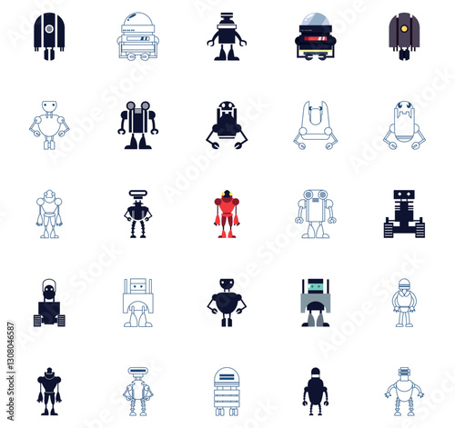 Set of vector icons of robots with white background