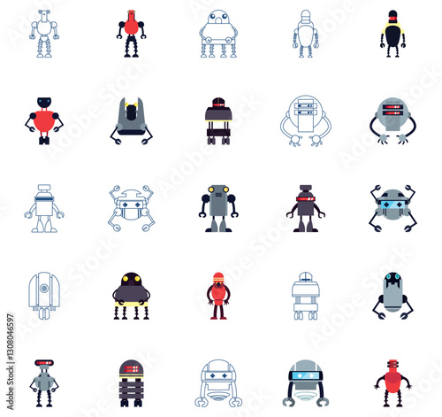 Set of vector icons of robots with white background
