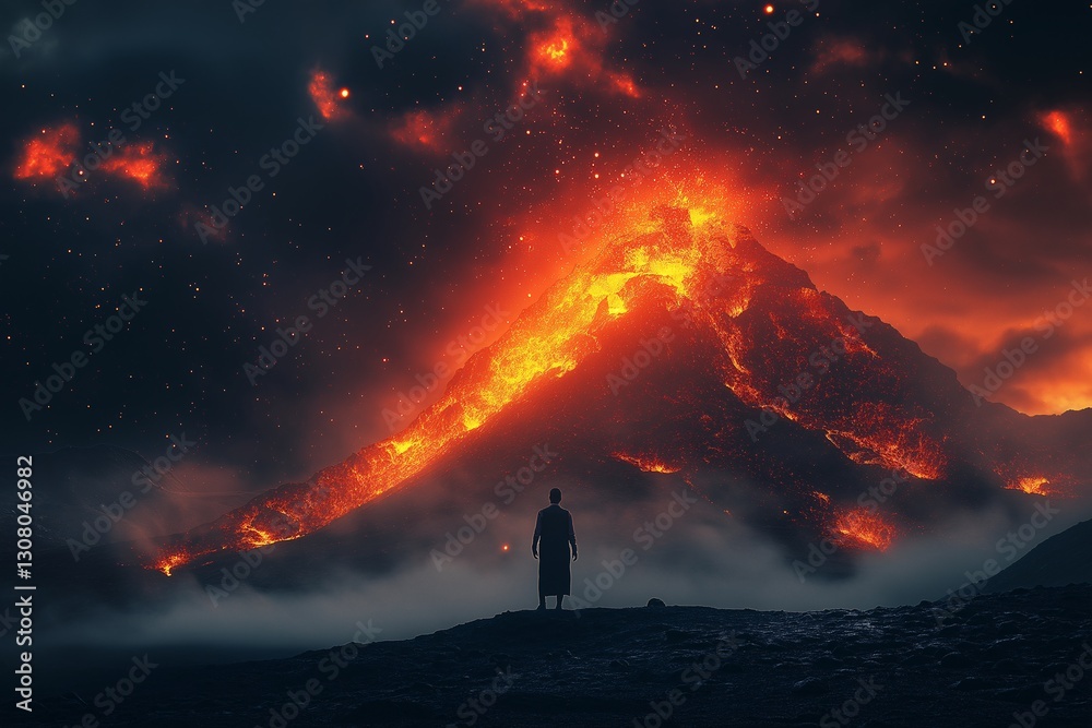 Nighttime Volcano Eruption: Dramatic Silhouette of a Traveler Against a Fiery Lava Landscape Nighttime Volcano Eruption: Dramatic Silhouette of a Traveler Against a Fiery Lava Landscape