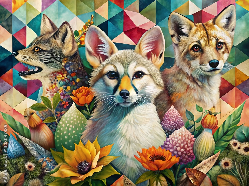Fototapeta premium Charming Animal Patchwork Art Deco Background: Whimsical Pet Portraits in Geometric Design