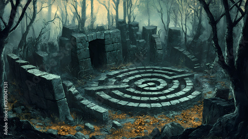 Stone labyrinth. ancient forgotten labyrinth. illustration. Forgotten - Shrine. Illustration