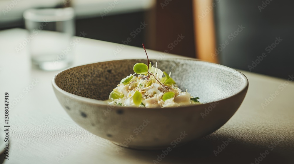 Delicious White Risotto with Fresh Herbs and Green Garnish Served in a Modern Bowl Delicious White Risotto with Fresh Herbs and Green Garnish Served in a Modern Bowl