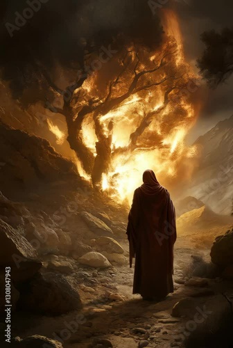 Silhouette of man facing burning bush in dramatic biblical scene. Moses encountering God on Mount Sinai. Religious symbolism and spiritual revelation concept. Vertical video